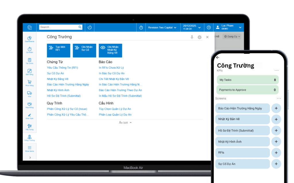 ERP kết nối dữ liệu nhà máy và công trường cho nhà thép tiền chế trên desktop và mobile